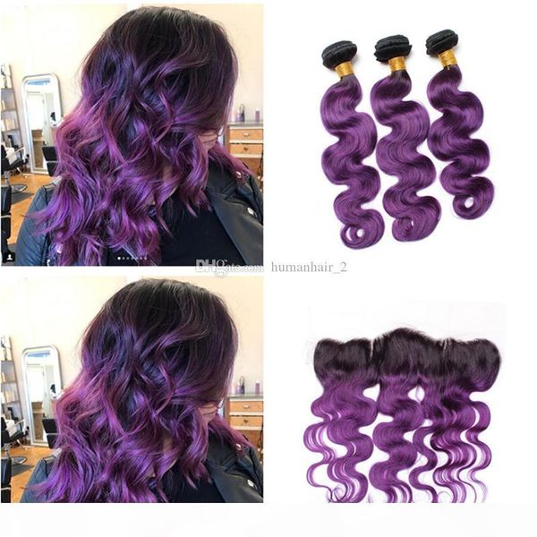 

brazilian human virgin hair ombre color #1b purple body wave human hair weaves with 13*4 ear to ear lace frontal closure, Black;brown