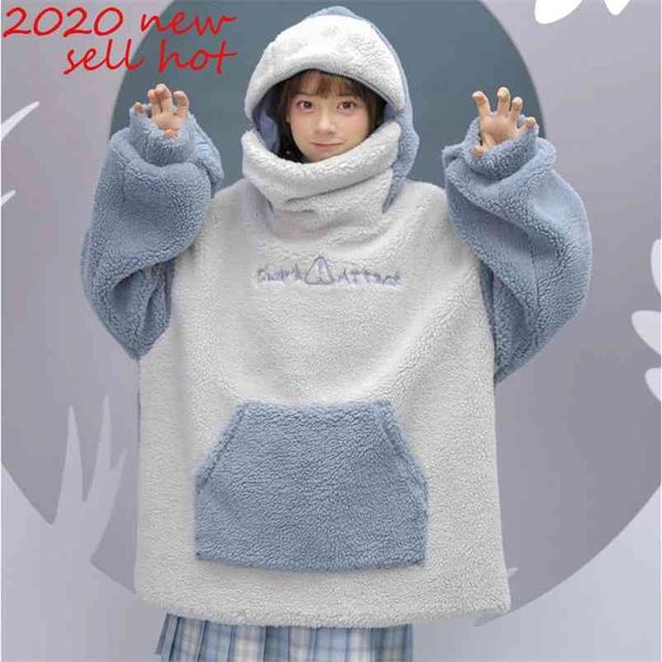 Harajuku Aesthetik Köpekbalığı Anime Hoodie Kadın Kore Kawaii Crewneck Uzun Kollu Boy Streetwear Kpop Güz Kış Giysileri Top 210728