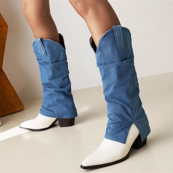 

boots anti-slip chunky heel calf blue denim patchwork women's short knee high slip on plus size 43, Black