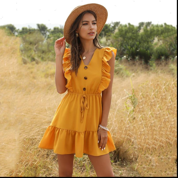 

summer women mini dress ruffle 2021 office shoulder tunic high waist party v neck casual beach yellow women dresses, Black;gray