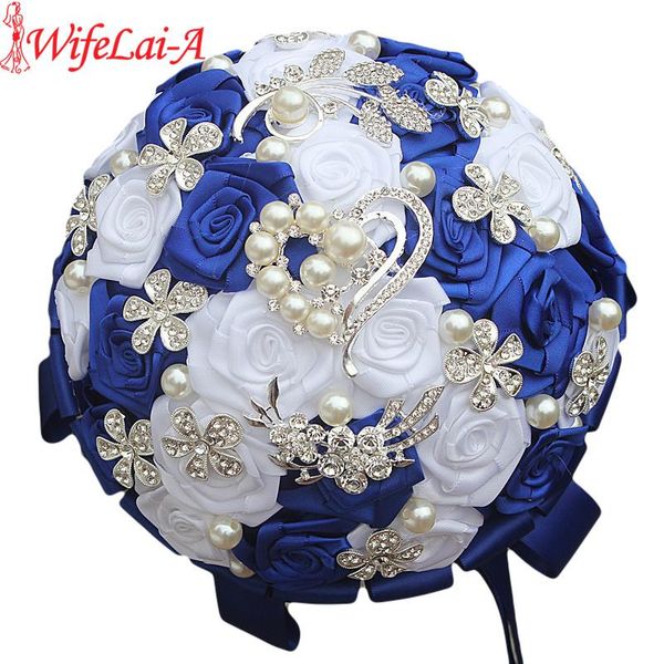 

wedding flowers wifelai-a royal blue white brooch bouquets silk rhinestone artificial rose bridesmaid mariage w125-2
