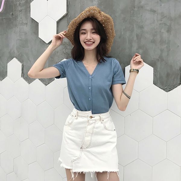 

summer weather women effects color short mouw v-neck sun protection single breasted t-shirt, White