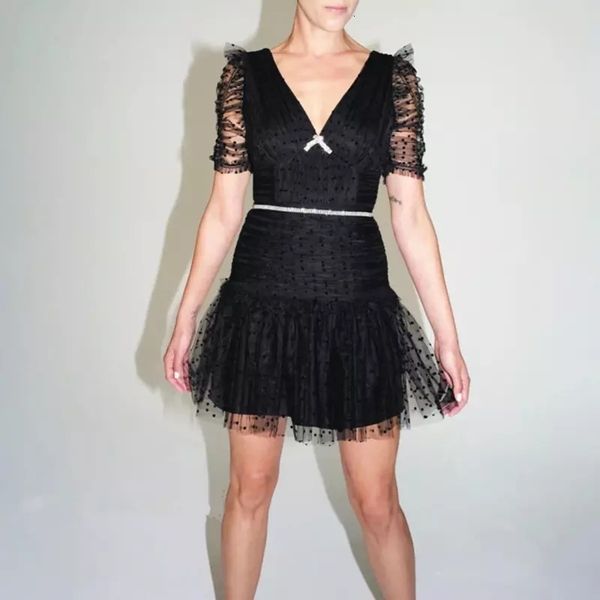 

new summer v-neck black polka dot mesh woman 2021 ladies elegant ruffles mini party nud9, Black;gray