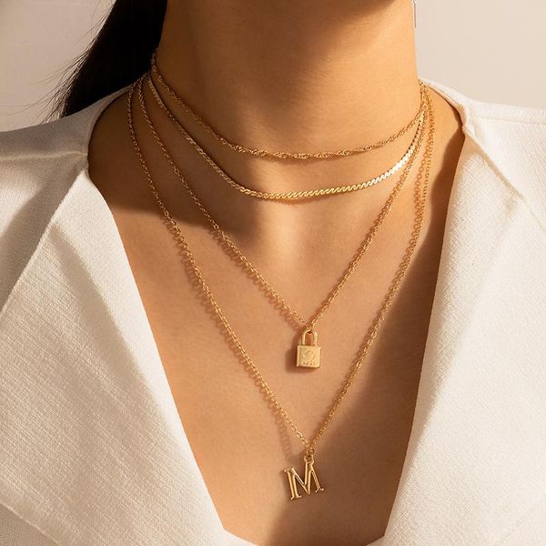 

pendant necklaces huatang vintage initial letter lock necklace boho multilayer twist snake clavicle chain choker for women party jewelry, Silver