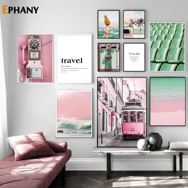 

paintings pink ocean beach canvas poster nordic nature seascape wall art positive quote print painting scandinavian living room picture