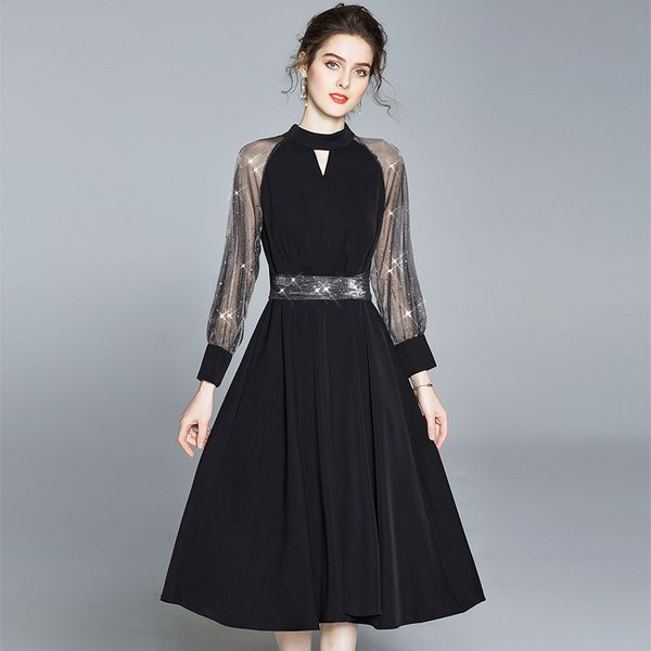

2020 spring elegant black dress for women vintage lace long sleeve o-neck femme ol casual slim woman party long dresses, Black;gray