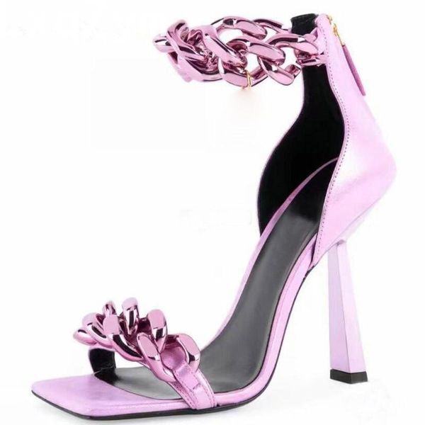 

dress shoes women sandals open toe chains high thin heels back zipper party ankle wrapped pink black female genuine leather