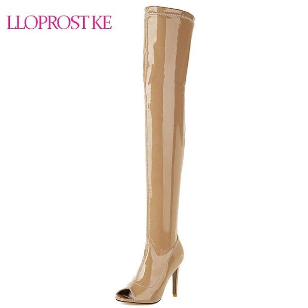 

boots lloprost ke 2021 women over the knee patent leather peep toe thin high heel nightclub lady stretch, Black