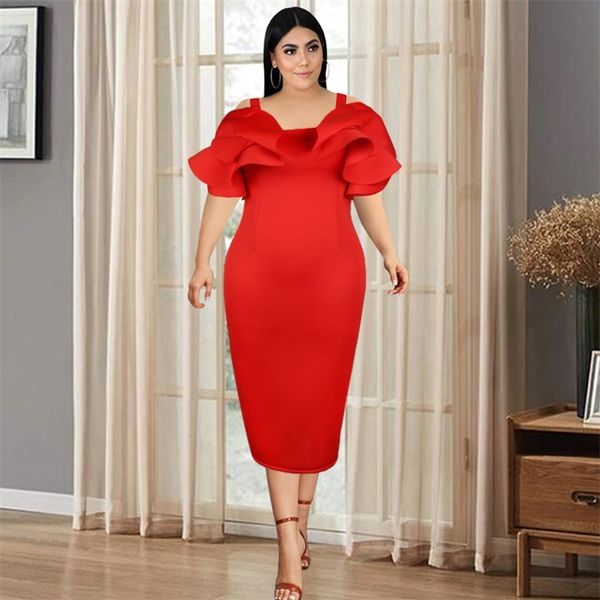 Plus size vestidos mulheres mangas borboleta vermelha bodycon 4xl 5xl bainha aniversário festa de noite plissada backless midi roubas 210527