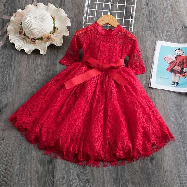 Mädchen Frühlingskleid Rotes Zeremonienkleid Mädchen Jahr Kostüm Spitze Hochzeitskleid für Mädchen Elegantes Partykleid Frocks Kleider 211027