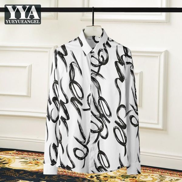 

mens smart casual shirt 2021 autumn fashion printed slim fit long sleeve white cotton business shirts men lapel button up, White;black