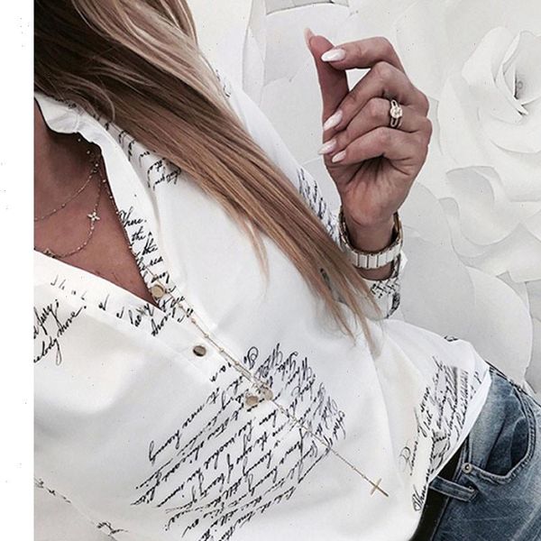 

womens and blouses v neck letters printing button long sleeve blusas feminina elegant ladies formal blouse 2021, White