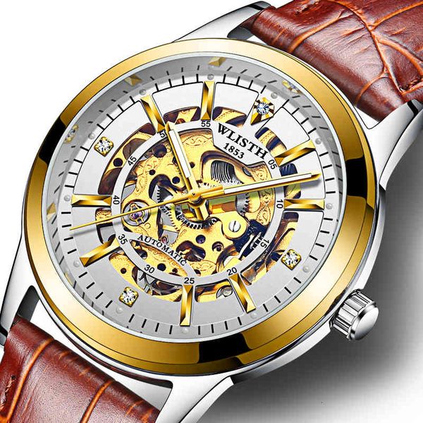 

heren horloges brand luxe mechanische horloge holle graveren skeleton dial sport lichtgevende handen relogio masculino, Slivery;brown