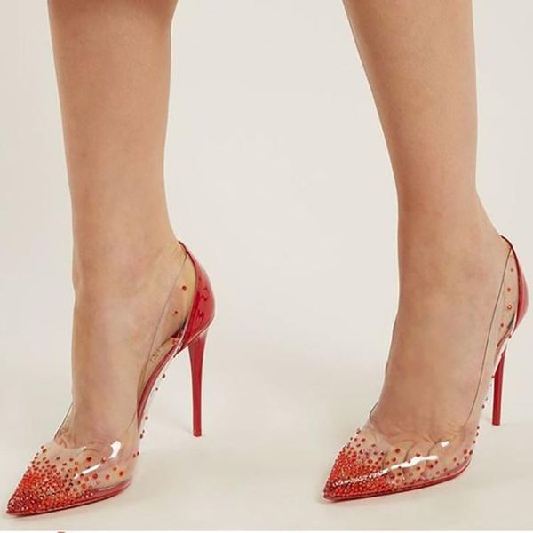 

dress shoes women wedding bride pointy toe clear pvc crystal pumps slip on high heeled stiletto ladies bling fashion for marry, Black