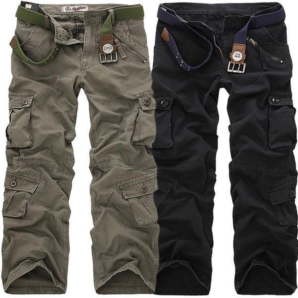

men's pants 2021 cargo casual loose multi pocket long trousers for men camo joggers plus size 28-40, Black