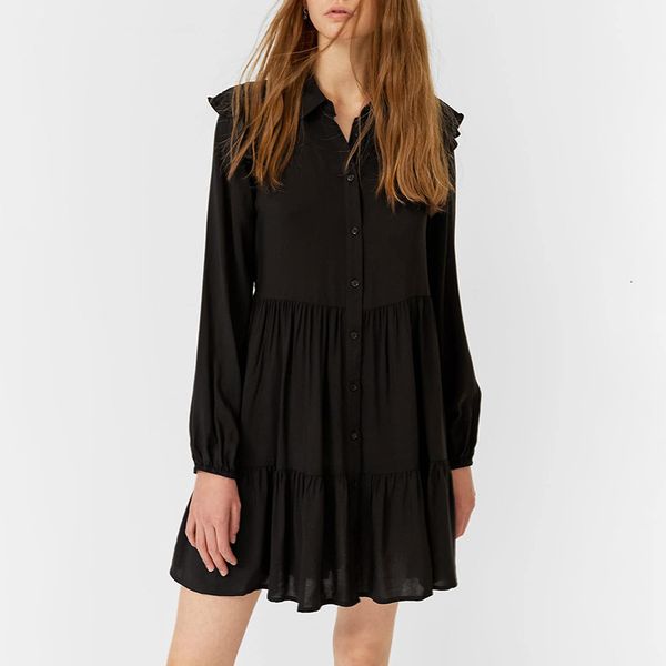 

2021 new black long sleeve women button ruffle decor casual female turn down collar high waist office daily 49td, Black;gray