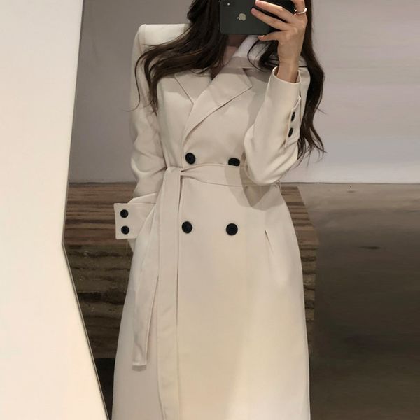 

new 2021 autumn women's clothes long trench elegant slim waist outerwear spring sashes cloak dust coat office lady windbreakers r5tn, Tan;black