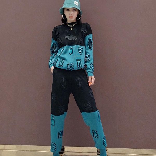 

women's two piece pants fashion patchwork contrast color women knit sportswear suit autumn o neck pullover knitwear pencil trousers set, White