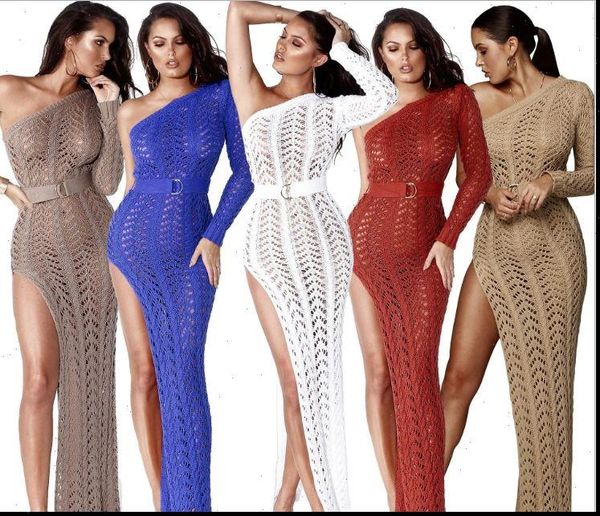 

high slit knitted dress one shoulder hollow out women crochet dresses long crocheted beach dress vestidos, Black;gray