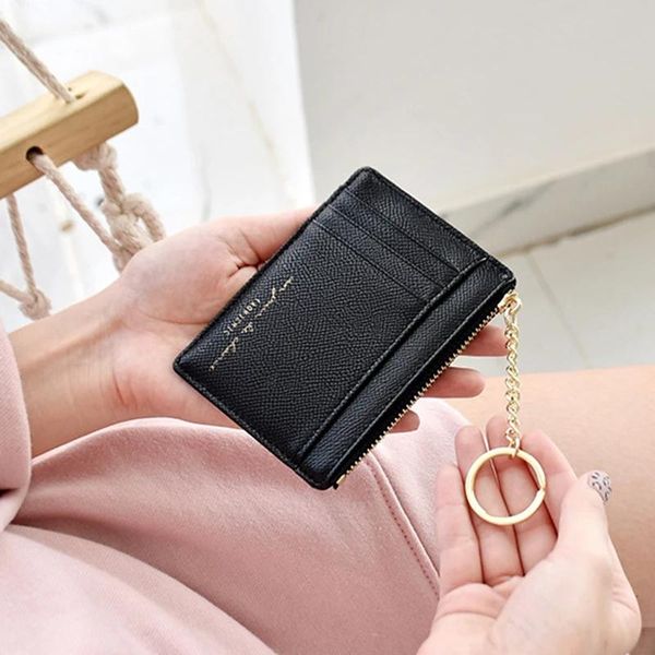 

card holders women soft pu leather mini cute zipper ladies slim credit id multi-card coin purse keychain wallet, Brown;gray