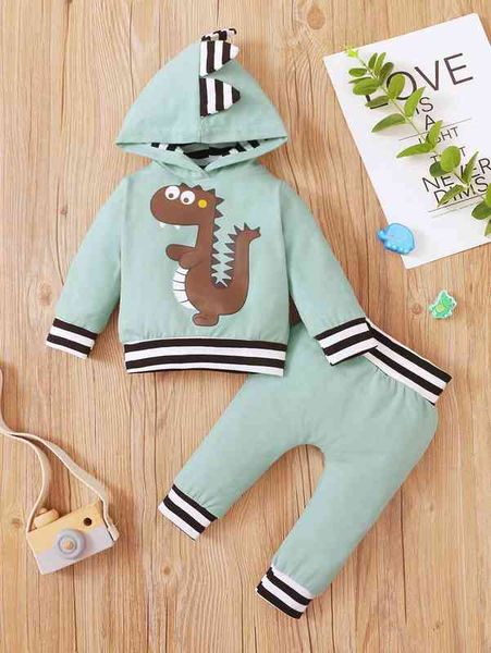 

baby striped and dinosaur print 3d patched hoodie & sweatpants she, White