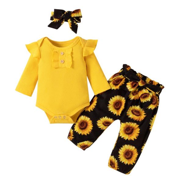 

clothing sets baby girls three-piece clothes set round collar long sleeve romper, floral printed pattern pants and headdress, White