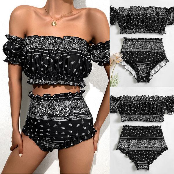 

black omen high tail bikini ruche women's off shoulder retro batsuit 2021 # t2q, White;black