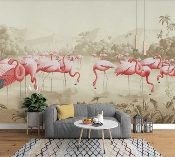 

custom 3d wallpaper mural hand-painted european retro flowers and birds landscape flamingo idyllic mural background wall