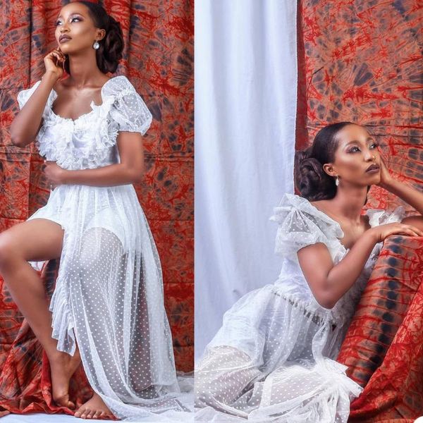 

wraps & jackets white illusion ruffles tulle short sleeve bridal wrap kimono pregnant party sleepwear women bathrobe sheer nightgown ro