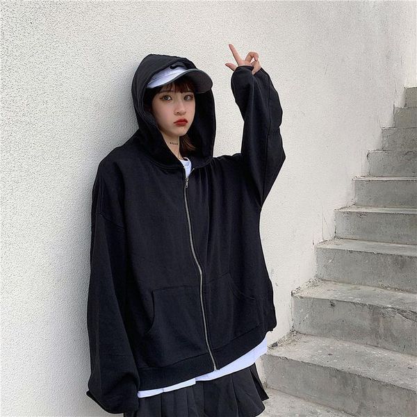 

women's jacket 2021 new solid color hooded zipper coat female loose students female jacket ropa de mujer, Black
