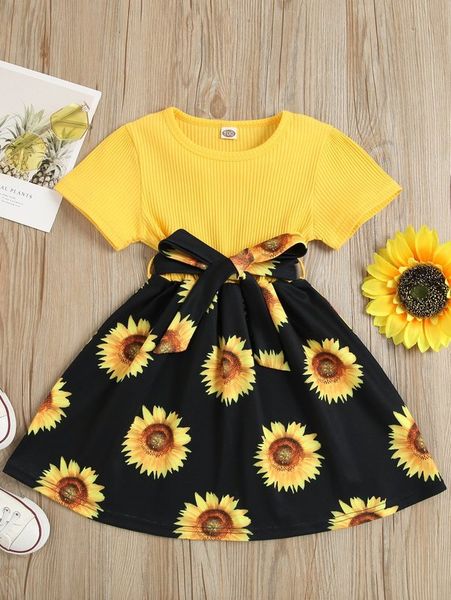 

toddler girls sunflower spliced belted flared dress she, Red;yellow