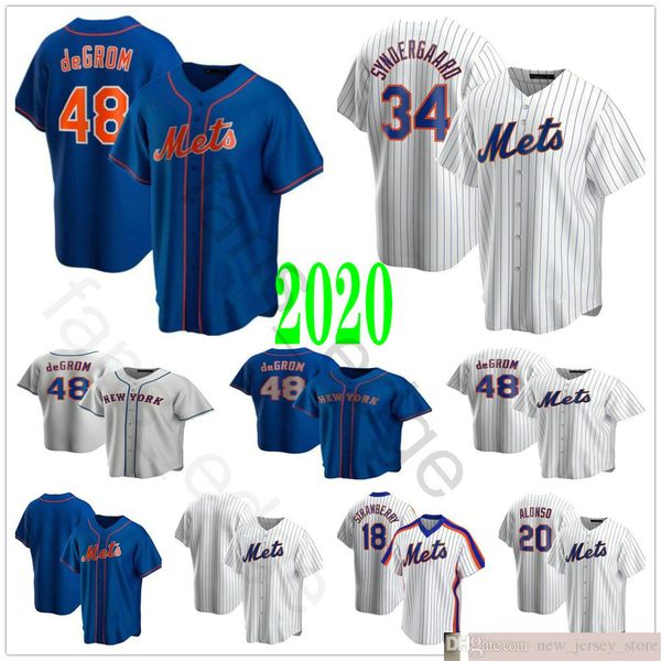 

2020 new mens #48 jacob degrom 20 pete alonso 34 noah 18 darryl strawberry stitched home away third baseball jerseys, Blue;black