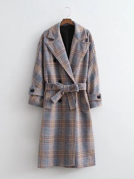 

women's wool & blends vintage plaid coat women 2021 lapel long sleeve double breasted autumn winter office casual female clothing, Black