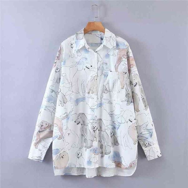 

women's knits & tees women casual za cartoon print autumn sprint long shirts oversize female fashion doggie cute loose blouse, White
