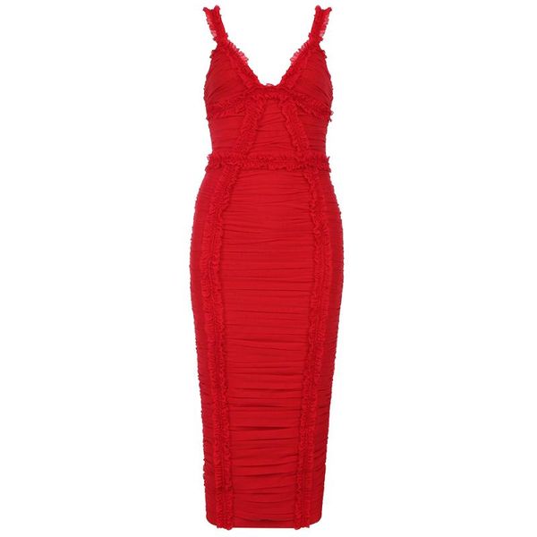 

new women v neck red bandage dress 2021 ladies elegant mesh ruched mid-calf bodycon celebrity party dress vestido, Black;gray