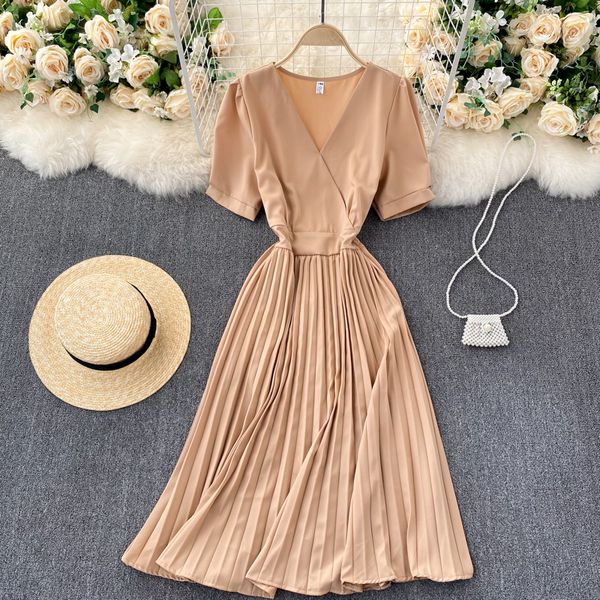 

2021 vintage women's pleated elegant short sleeve v-neck high waist draped a-line vestidos female robe fashion lxke, Black;gray