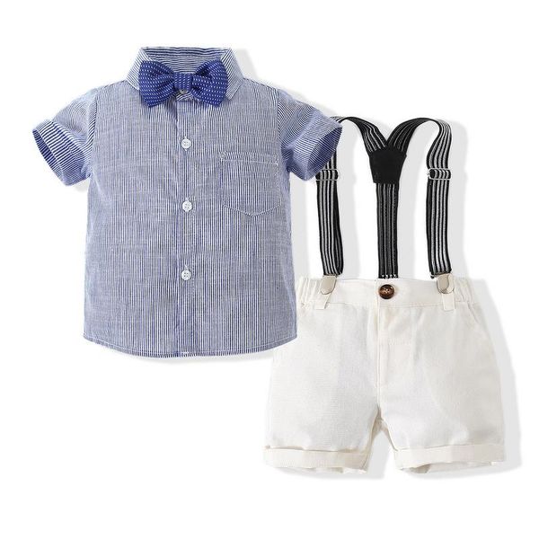 

clothing sets kimocat baby boy gentleman suit, striped short-sleeved shirt + bow tie suspender shorts, summer suit 6 months-3 years, White