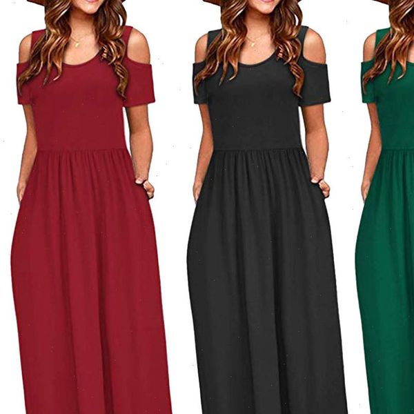 

women summer solid dress off shoulder elegant maxi long dress ladies plus size pocket sundress short sleeve evening party wear, Black;gray