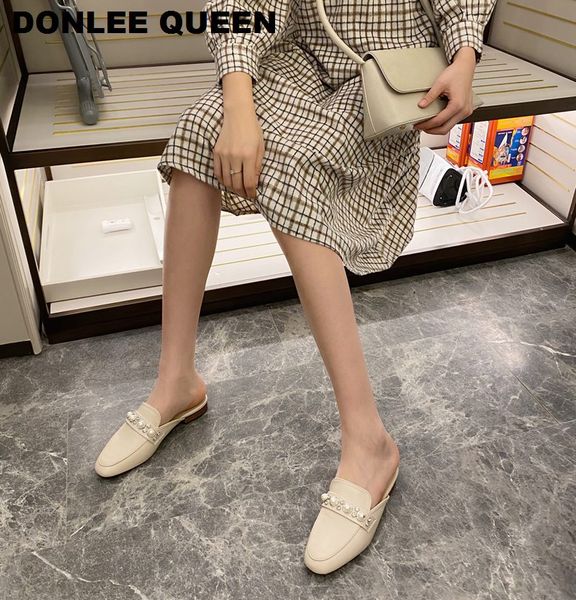 

donlee queen flat heel slippers women designer slides ladies brand mules shoes women dress shoes square toe heels pearl slippers, Black
