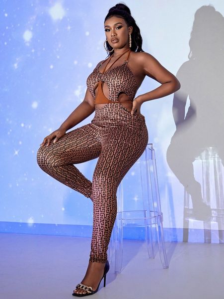 

sxy plus allover print cut out halter neck backless jumpsuit 87aq#, Black