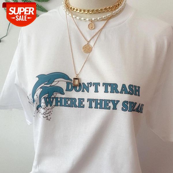 

sunfiz hjn don't trash where they splash dolphins t-shirt tumblr fashion animal saving slogan tee casual short sleeve shirt #vq6c, White