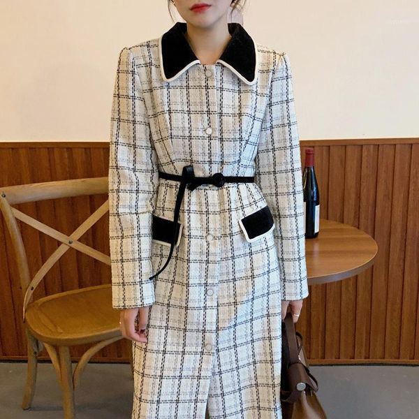 

women's wool & blends [ewq]2021 spring over knee style turn-down collar long-sleeved paychwork plaid straight minimalist lace up woolen, Black