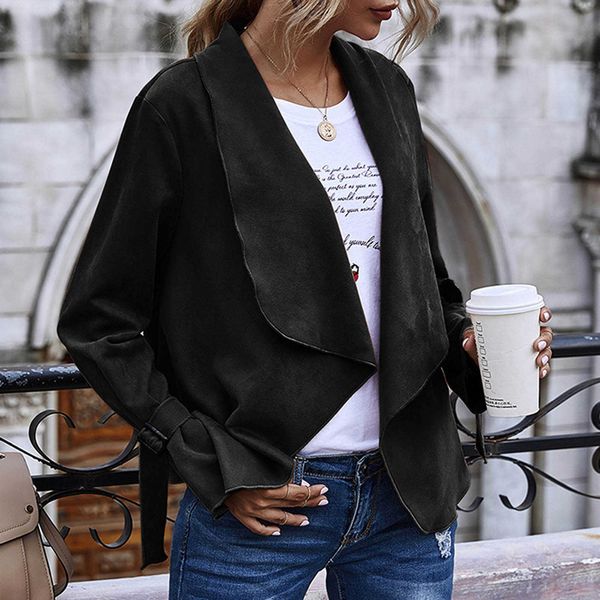 

women effen colour big revers swede long mouw jacket herfst winter casual jas super soft slim vest femme, Black;brown