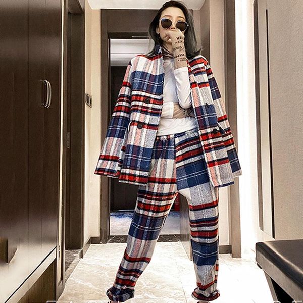 

women's two piece pants vintage 2021 winter autumn women suit woolen plaid loose wild cotton jacket + long two-piece sets tz601, White