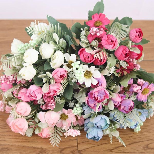 

decorative flowers & wreaths 10 heads artificial rose small bouquet silk fake wedding home decoration faux palm leaves decor pink white blue