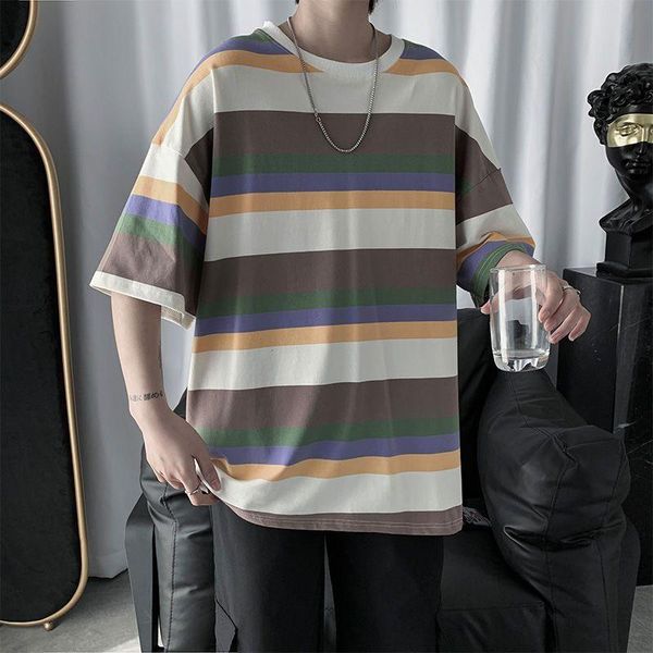 

women's t-shirt summer hong kong style stripe short sleeve men's loose korean fashion bf student couple half graphic tee, White