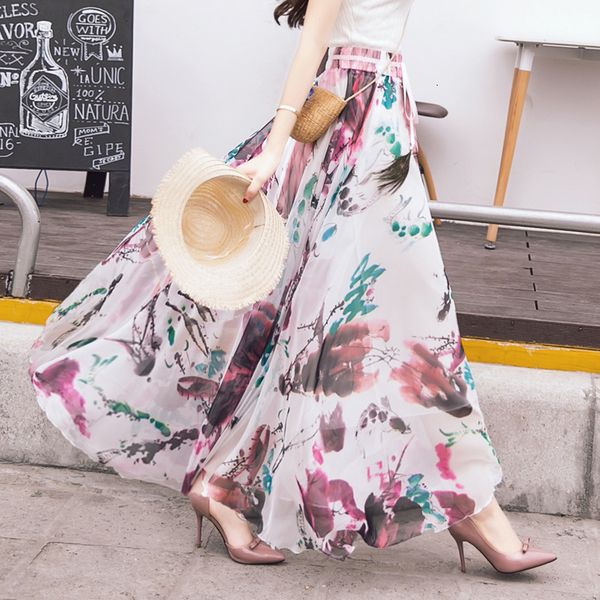 

women casual chiffon skirts female summer new bohemian high waist long skirt spring fashion beach midi skirts, Black