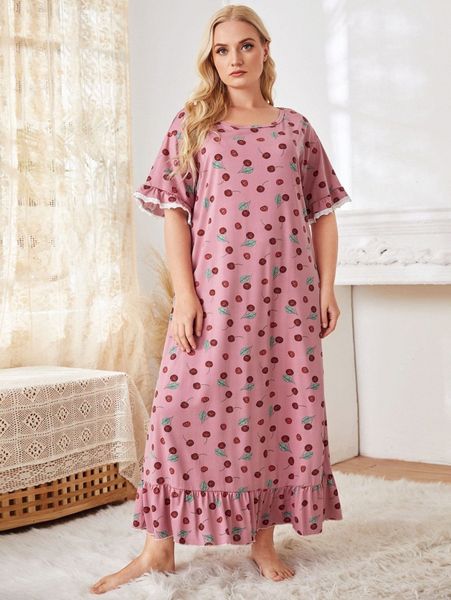 

plus lace trim cherry print night dress a1mr#, Black;white