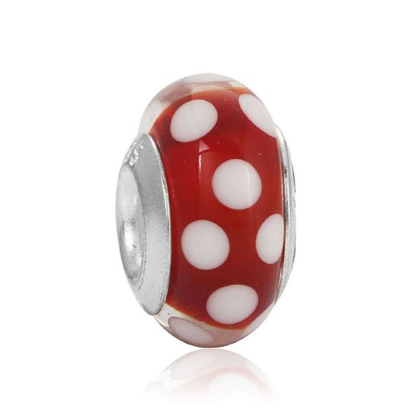 Top Quality Murano Lampwork Glass Bead 925 Sterring Prata Branco Ponto em Vermelho Big Hole Beads Loose Beads Fit Pandora Encantos Pulseira Colar Diy Jóias