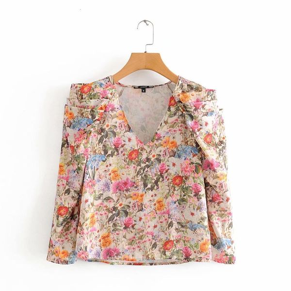

new women fashion v neck pleated puff sleeve smock shirts blouses women floral print roupas femininas chic ls6419, White